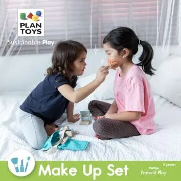 PlanToys Make Up Set for Kids - Sustainably Made from Rubberwood Featuring Organic-Pigment Coloring and Water-Based Dyes with a Mirror, Brush, Bag, and 5 Pieces of Makeup