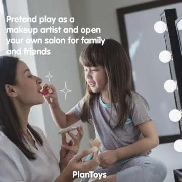 PlanToys Make Up Set for Kids - Sustainably Made from Rubberwood Featuring Organic-Pigment Coloring and Water-Based Dyes with a Mirror, Brush, Bag, and 5 Pieces of Makeup