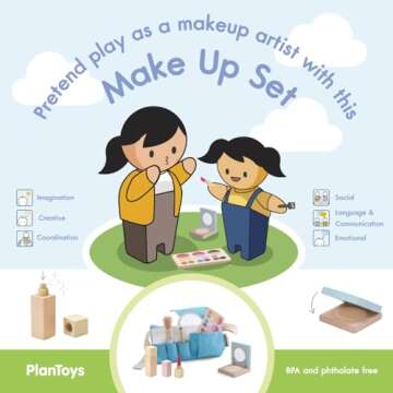 PlanToys Make Up Set for Kids - Sustainably Made from Rubberwood Featuring Organic-Pigment Coloring and Water-Based Dyes with a Mirror, Brush, Bag, and 5 Pieces of Makeup
