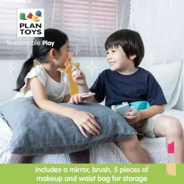 PlanToys Make Up Set for Kids - Sustainably Made from Rubberwood Featuring Organic-Pigment Coloring and Water-Based Dyes with a Mirror, Brush, Bag, and 5 Pieces of Makeup