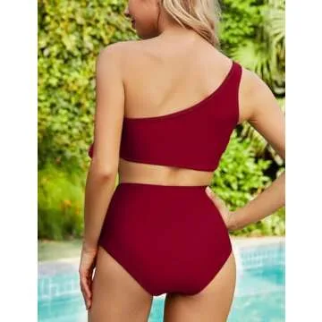 VIMPUNEC Ruffle One Shoulder Swimsuit - Cute High Waisted Bathing Suit in Burgundy