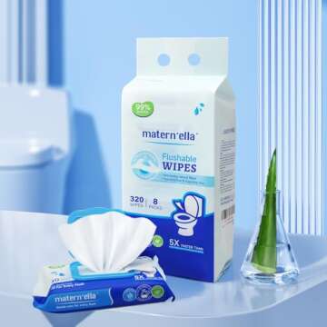 MATERN'ELLA Flushable Wipes, Unscented Adult Wet Wipes with Dandelion & Aloe Vera, Personal Cleansing Toilet Wipes 100% Plant Based Fibers Soft and Septic Sewer Safe 320 Wipes (8 Packs of 40)