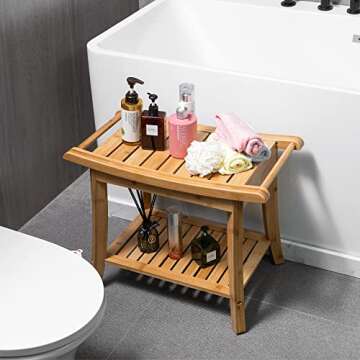 Forevich Bamboo Shower Bench Stool with Storage Shelf Waterproof Shower Chair Spa Bath Seat Excellen...