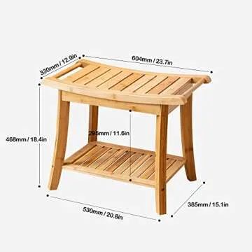 Forevich Bamboo Shower Bench Stool with Storage Shelf Waterproof Shower Chair Spa Bath Seat Excellent for Indoor Use Natural