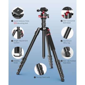 CAMBOFOTO 74-inch-Professional-Camera-Photography-Tripod, Ball Head Aluminum DSLR/SLR Tripod & Monopod with Carry Bag Compatible with Canon Nikon Binoculars Laser Telescope (Weight 3 Lbs, 13Lbs Load)