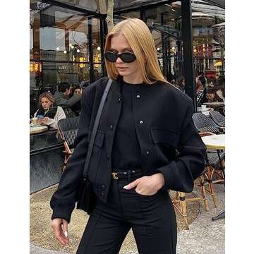 Megfie Womens Cropped Bomber Jacket Button Down Varsity Jackets Shackets With Pockets(0394-Black-L)