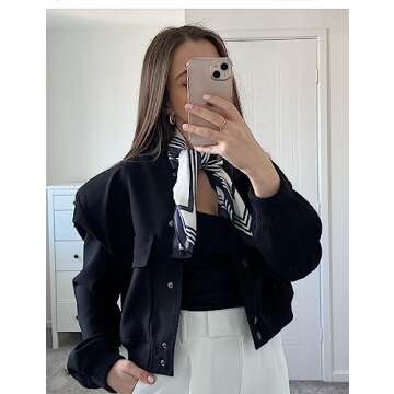 Megfie Womens Cropped Bomber Jacket Button Down Varsity Jackets Shackets With Pockets(0394-Black-L)