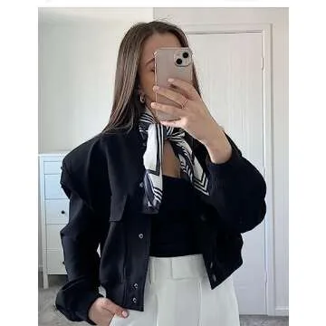 Megfie Womens Cropped Bomber Jacket Button Down Varsity Jackets Shackets With Pockets(0394-Black-L)