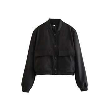 Megfie Womens Cropped Bomber Jacket Button Down Varsity Jackets Shackets With Pockets(0394-Black-L)