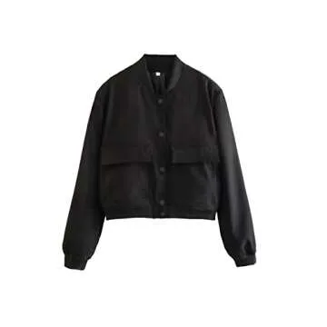 Megfie Womens Cropped Bomber Jacket Button Down Varsity Jackets Shackets With Pockets(0394-Black-L)