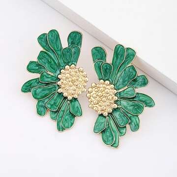 Green Flower Petal Stud Earrings - Boho Vintage Enamel Jewelry