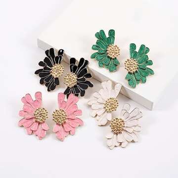 Boho Green Flower Enamel Earrings for Women