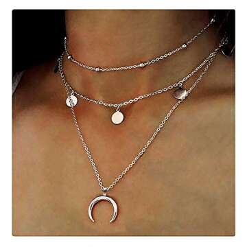 Wowanoo Layered Chain Choker Necklace with Moon Pendant