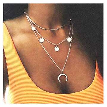 Wowanoo Layered Chain Choker Necklace with Moon Pendant