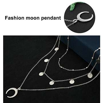 Wowanoo Layered Chain Choker Necklace with Moon Pendant
