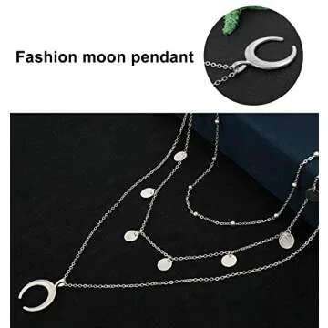 Wowanoo Layered Chain Choker Necklace with Moon Pendant