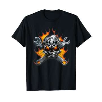 Metal Skull Wrench Flames Mechanic T-Shirt - Bold Statement Tee for Mechanics