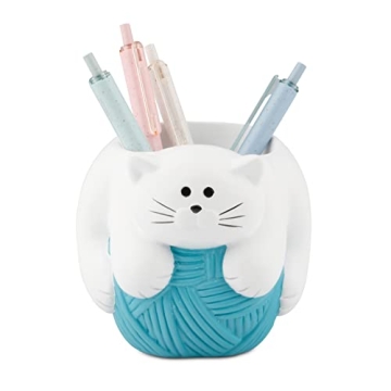 Adorable Kitty Cat Pen Holder in White and Turquoise