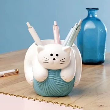 Adorable Kitty Cat Pen Holder in White and Turquoise