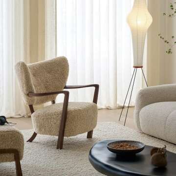 ESRADA Mid-Century Modern Teddy Fleece Upholstered Armchair Accent Chair for Living Room with Footstool