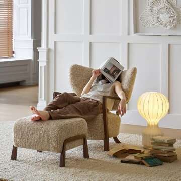 ESRADA Mid-Century Modern Teddy Fleece Upholstered Armchair Accent Chair for Living Room with Footstool