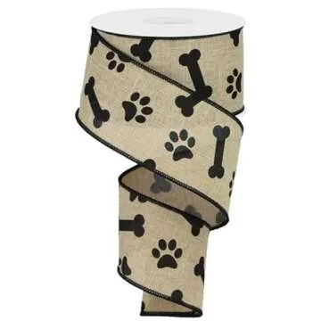 Craig Bachman 2.5" Paw Print Royal Ribbon: Light Beige & Black (10 Yards) - Craft Floral Arrangement...