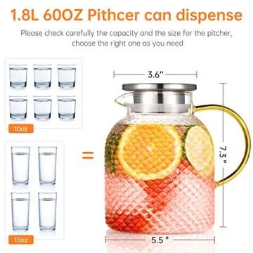 Glass Pitcher, ZBUFAN 60oz Glass Pitcher with Lid and Spout, 1.8L Glass Water Pitcher, Iced Tea Pitcher for Fridge, Pitchers Beverage Pitchers, Juice Lemonade Pitcher, Glass Carafe with Brush