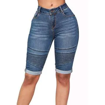 THUNDER STAR Womens Denim Ripped Bermuda Shorts Distressed Knee Length Stretch Short Jeans Blue4 XL