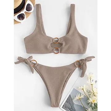 ZAFUL Women's Ribbed O-Ring String Bikini Set for Summer Fun