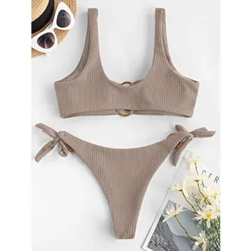 ZAFUL Women's Ribbed O-Ring String Bikini Set for Summer Fun