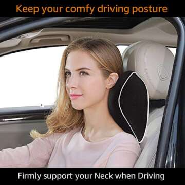 ICOMFYWAY Car Neck Support Pillow for Neck Pain Relief When Driving,Headrest Pillow for Car Seat with Soft Memory Foam – Black
