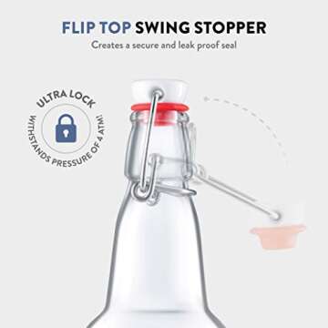 Swing Top Glass Bottles with Airtight Lids, Flip Top, for Carbonated Drinks, Kombucha Bottles, 2nd Fermentation, Water - 16 Ounces - 6 Pack