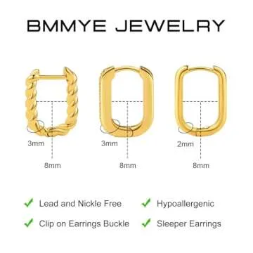 BMMYE Small Square Huggie Hoop Earrings 14k Gold Square Earrings for Women Tiny Rectangle Huggie Earrings for Women Hypoallergenic Minimalist Earrings Dainty Cartilage Earring Sets for Women Gift