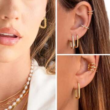 BMMYE Small Square Huggie Hoop Earrings 14k Gold Square Earrings for Women Tiny Rectangle Huggie Earrings for Women Hypoallergenic Minimalist Earrings Dainty Cartilage Earring Sets for Women Gift