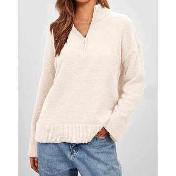 PRETTYGARDEN Women's 2024 Winter Pullover Sweaters Long Sleeve 1/4 Zip Lapel Chunky Knit Blouse Tops (White,Medium)