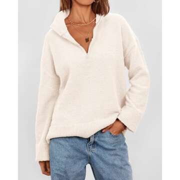 PRETTYGARDEN Women's 2024 Winter Pullover Sweaters Long Sleeve 1/4 Zip Lapel Chunky Knit Blouse Tops (White,Medium)