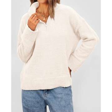 PRETTYGARDEN Women's 2024 Winter Pullover Sweaters Long Sleeve 1/4 Zip Lapel Chunky Knit Blouse Tops (White,Medium)
