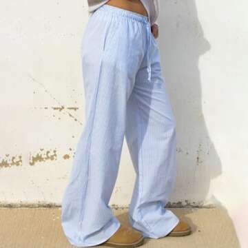 Muineobuka Women Y2k Striped Pants Wide Leg Stripes Print Lounge Pants High Waist Drawstring Striped...