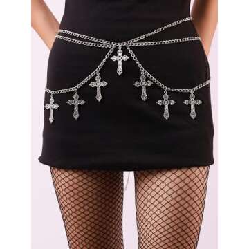 Sicina Silver-tone Cross Waist Chain Belt, Punk Gothic Grunge Accessory