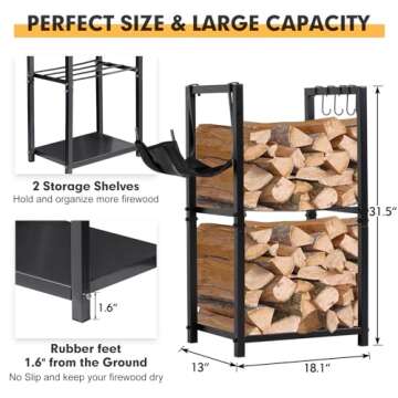 nalone Firewood Rack Indoor, Small Outdoor Firewood Log Storage Rack, 2-Tier Wood Holder with 6 Hook...