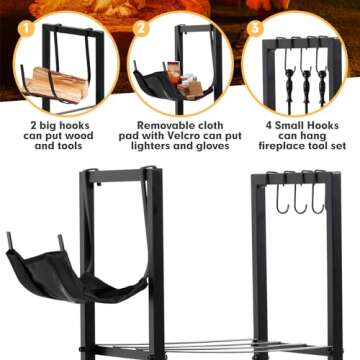 nalone Firewood Rack Indoor, Small Outdoor Firewood Log Storage Rack, 2-Tier Wood Holder with 6 Hooks, Firewood Stand for Indoor Fireplace, Outdoor Patio, Fire Pit, Stove