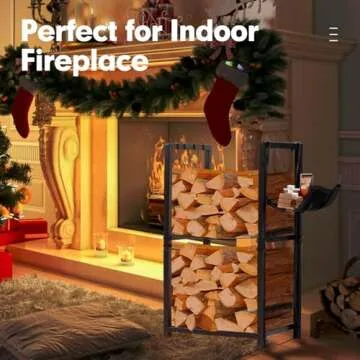 nalone Firewood Rack Indoor, Small Outdoor Firewood Log Storage Rack, 2-Tier Wood Holder with 6 Hooks, Firewood Stand for Indoor Fireplace, Outdoor Patio, Fire Pit, Stove