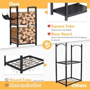 nalone Firewood Rack Indoor, Small Outdoor Firewood Log Storage Rack, 2-Tier Wood Holder with 6 Hooks, Firewood Stand for Indoor Fireplace, Outdoor Patio, Fire Pit, Stove