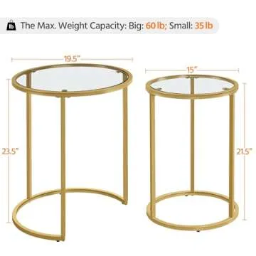 Yaheetech Round Nesting Side Table Stacking Coffee Table, Set of 2 Circular End Tables w/Metal Frame & Tempered Glass Top & Protective Foot Pads for Small Space Living Room Office, Mustard Gold