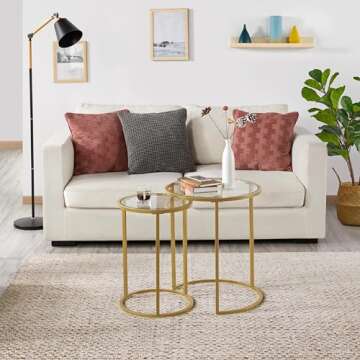 Yaheetech Round Nesting Side Table Stacking Coffee Table, Set of 2 Circular End Tables w/Metal Frame & Tempered Glass Top & Protective Foot Pads for Small Space Living Room Office, Mustard Gold