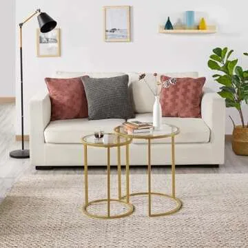 Yaheetech Round Nesting Side Table Stacking Coffee Table, Set of 2 Circular End Tables w/Metal Frame & Tempered Glass Top & Protective Foot Pads for Small Space Living Room Office, Mustard Gold