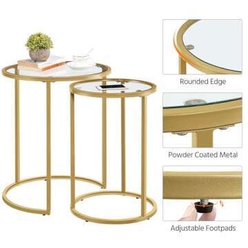 Yaheetech Round Nesting Side Table Stacking Coffee Table, Set of 2 Circular End Tables w/Metal Frame & Tempered Glass Top & Protective Foot Pads for Small Space Living Room Office, Mustard Gold