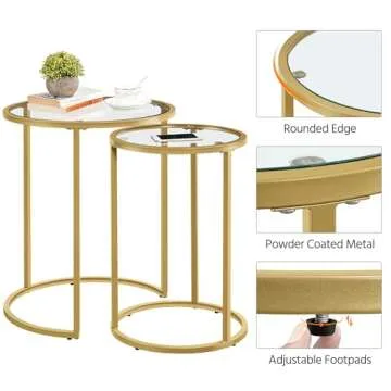 Yaheetech Round Nesting Side Table Stacking Coffee Table, Set of 2 Circular End Tables w/Metal Frame & Tempered Glass Top & Protective Foot Pads for Small Space Living Room Office, Mustard Gold
