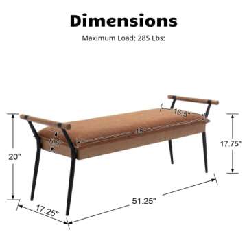 HEAH-YO Modern Dining Bench, 51 Inches Entryway Bench with Armrests, Upholstered PU Leather Bedroom End of Bench for Living Room Kitchen, Brown