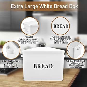 P&P CHEF Bread Box for Farmhouse Kitchen Counter Decor, Extra Large White Breadbox with Lid, 13.1” X 11.81” X 7.2” Metal Storage Container for 2+ Loaves, Modern Style & High Capacity